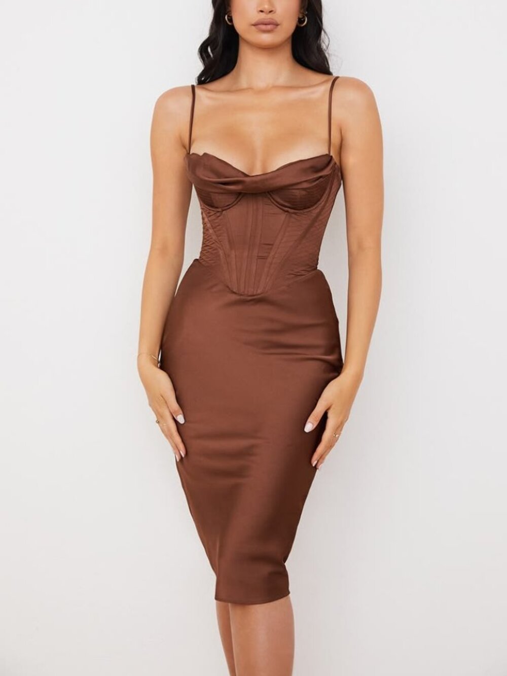 NWT House of CB Myrna chocolate satin corset slip dress
